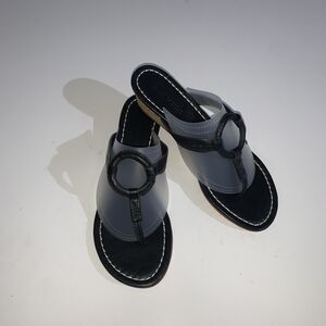 Bernardo Sandals Womens Size 9 Black Leather Thong Cork Wedge Slip On Medallion